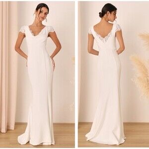 Lulus Forever Beloved White Lace Cap Sleeve Mermaid Maxi Dress Size Large Bride